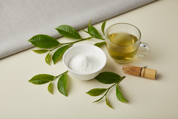 L-Theanin Produktfotografie - Mit Tee-Elementen